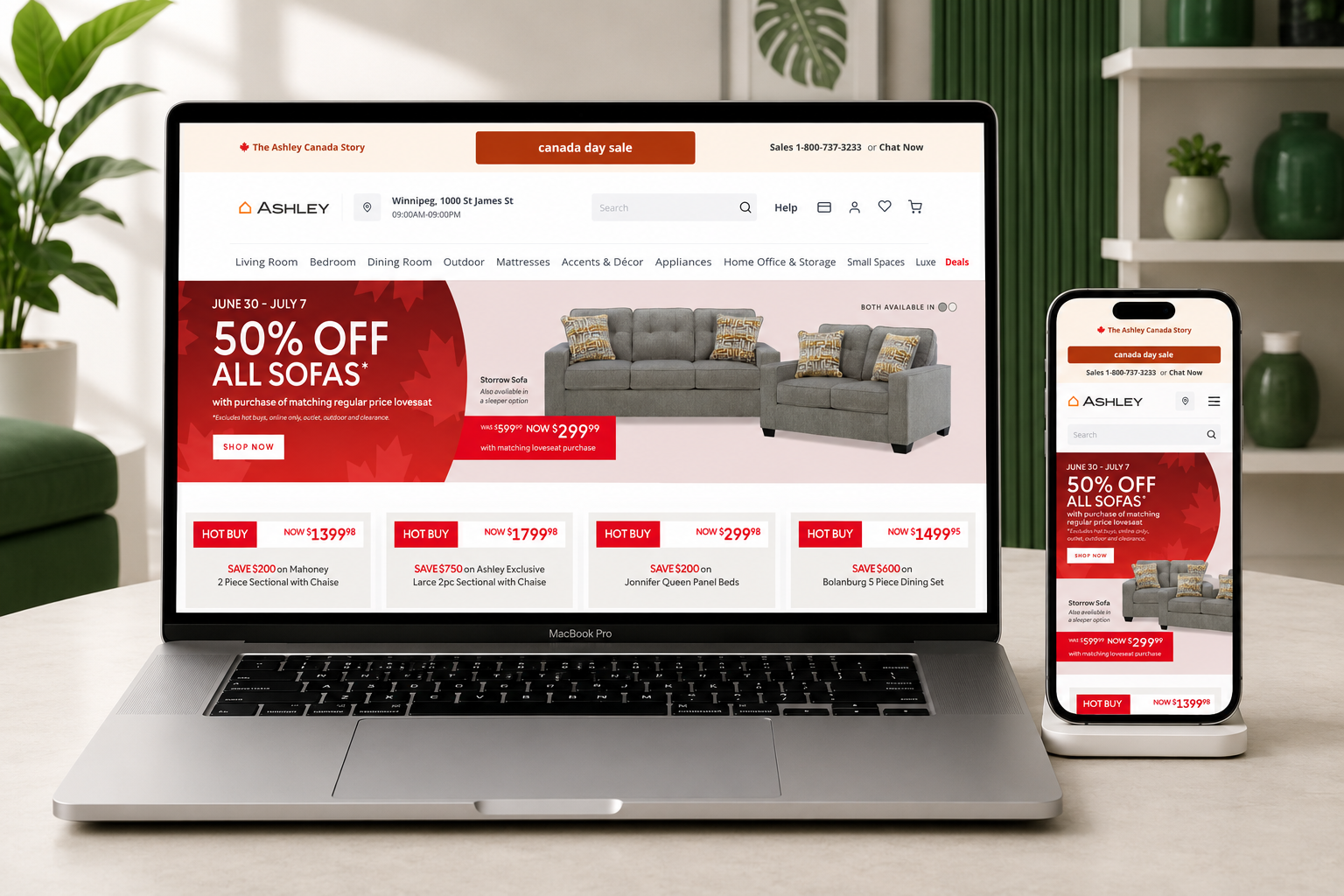 Ashley Furniture ecommerce website on desktop and mobile