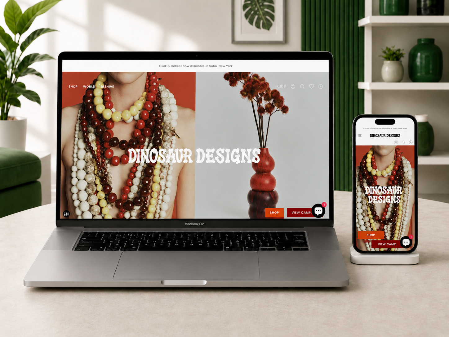 Dinosaur Designs jewellery ecommerce website on desktop and mobile